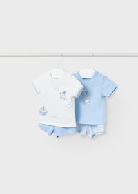 Baby Doppel Zweiteiler Shirt Hose 1619 Blau Weiss